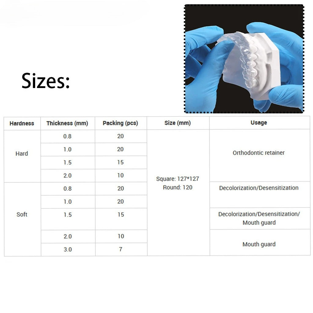 Dental Vacuum Forming Sheets Lab Splint Thermoforming Materials Hard Soft Orthodontic Retainer Slice Square 0.6/0.8/1.0/1.5mm