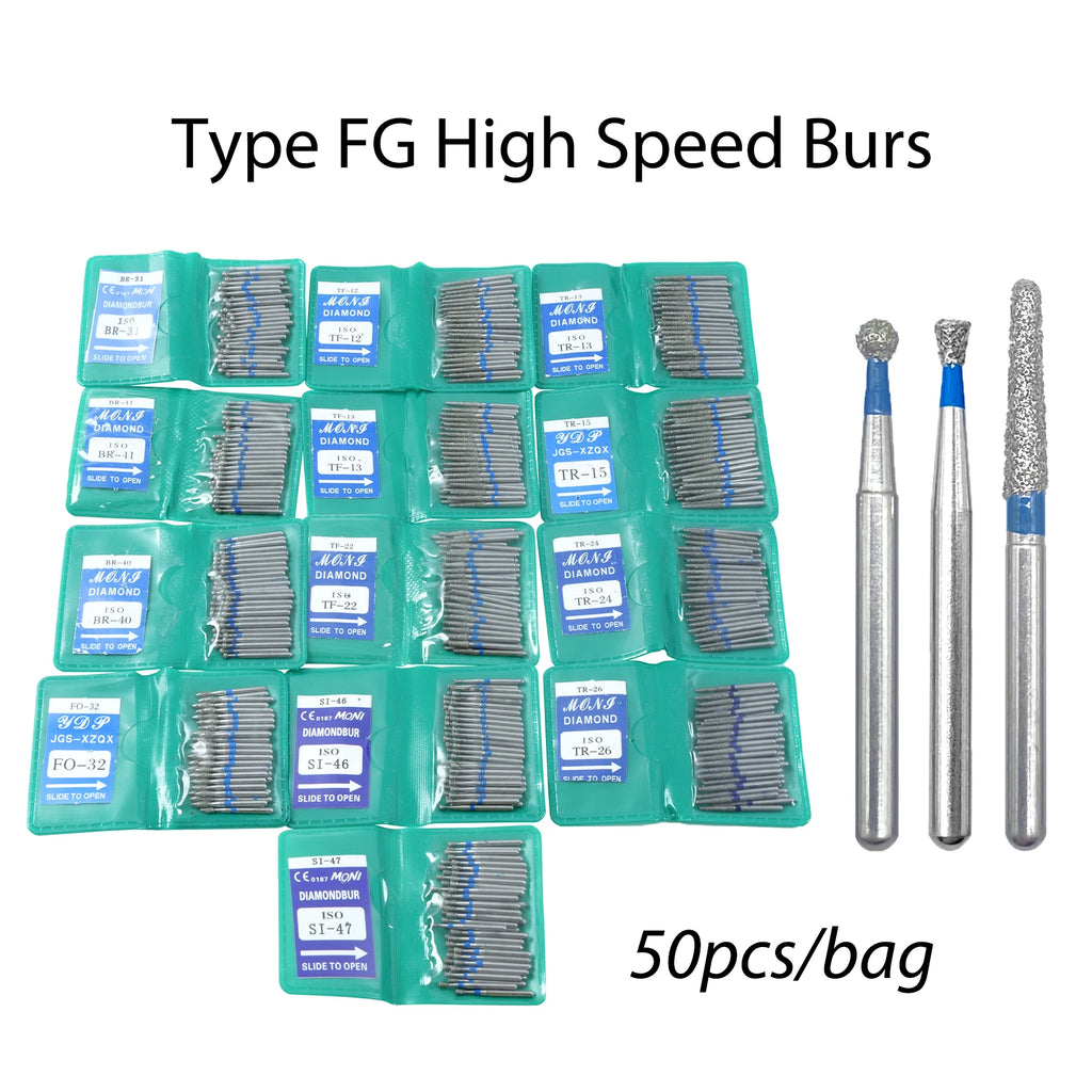 50Pcs/Bag Dental Diamond High Speed Burs for Polishing Smoothing 1.6MM High Quality Polishing Drill Dental Tools Odontología