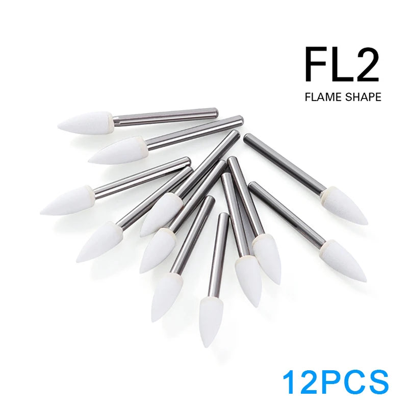 12Pcs/Box Dental White Polishing Stone High Speed Dentistry Tools Flame Cone Round Shape Handpiece Burs FG