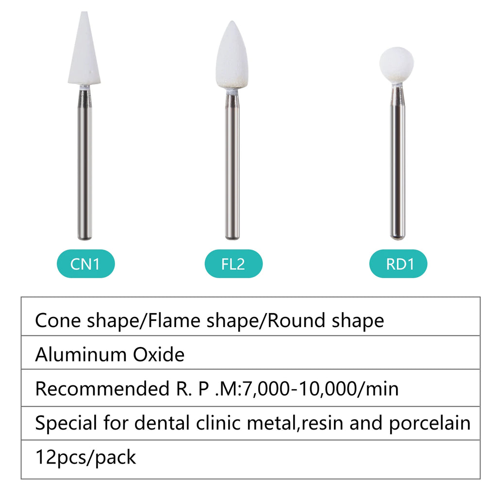 12Pcs/Box Dental White Polishing Stone High Speed Dentistry Tools Flame Cone Round Shape Handpiece Burs FG