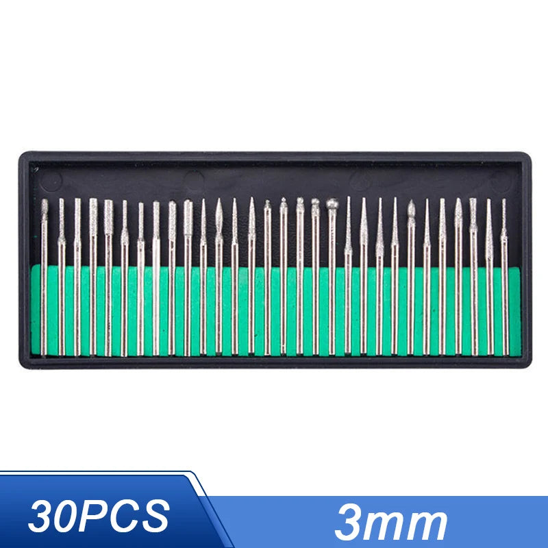 30Pcs Diamond Grinding Burr Needle Point Engraving Carving Polishing For Glass Jade Stone 2.35/3mm Drill Bit Rotary Tool Set