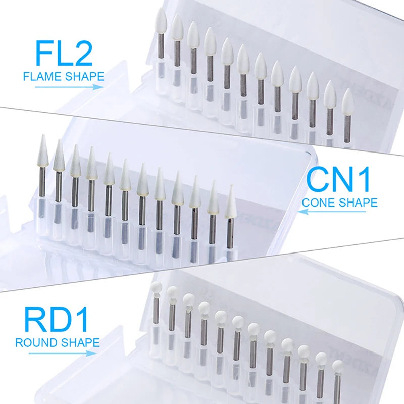 12Pcs/Box Dental White Polishing Stone High Speed Dentistry Tools Flame Cone Round Shape Handpiece Burs FG
