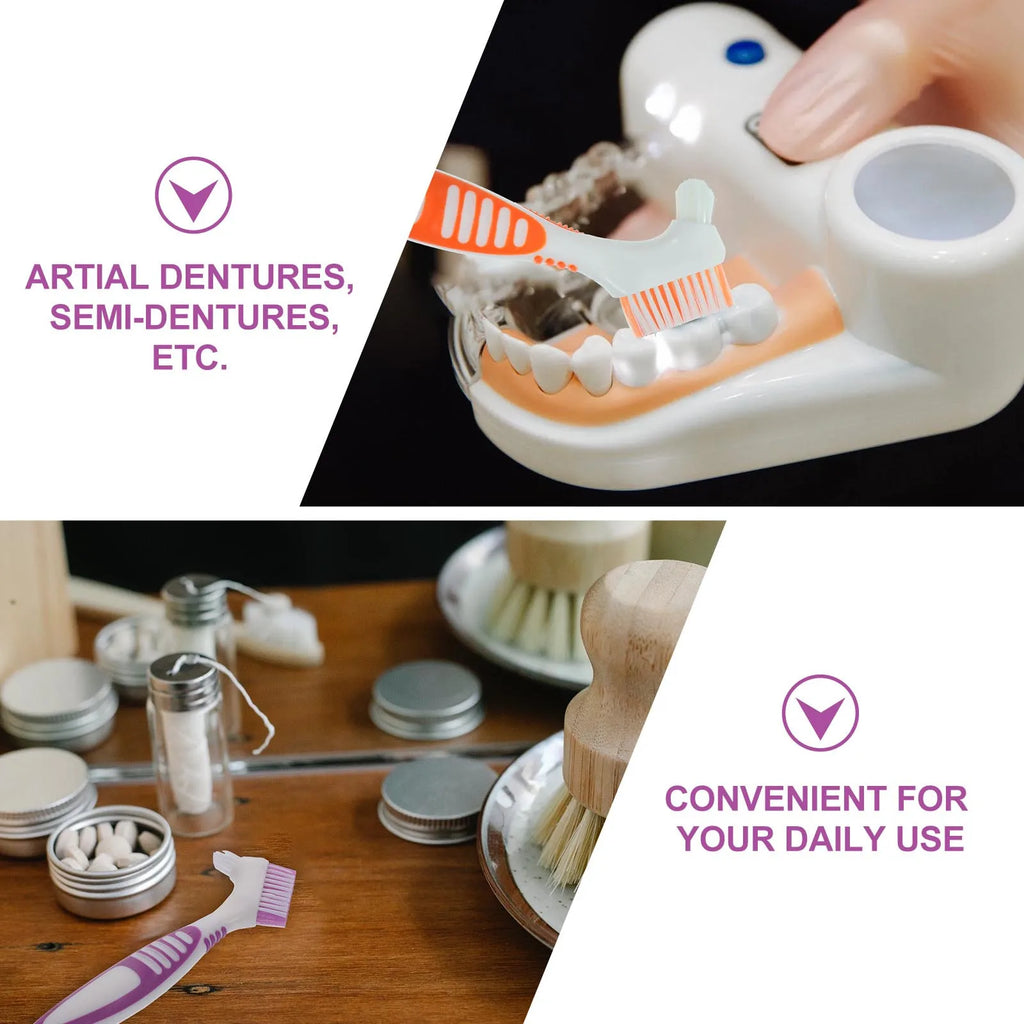 4Pcs Denture Brushes Double Head Portable Toothbrush Comfortable Ergonomic Handle Partial Semi Full Denture Cleaner