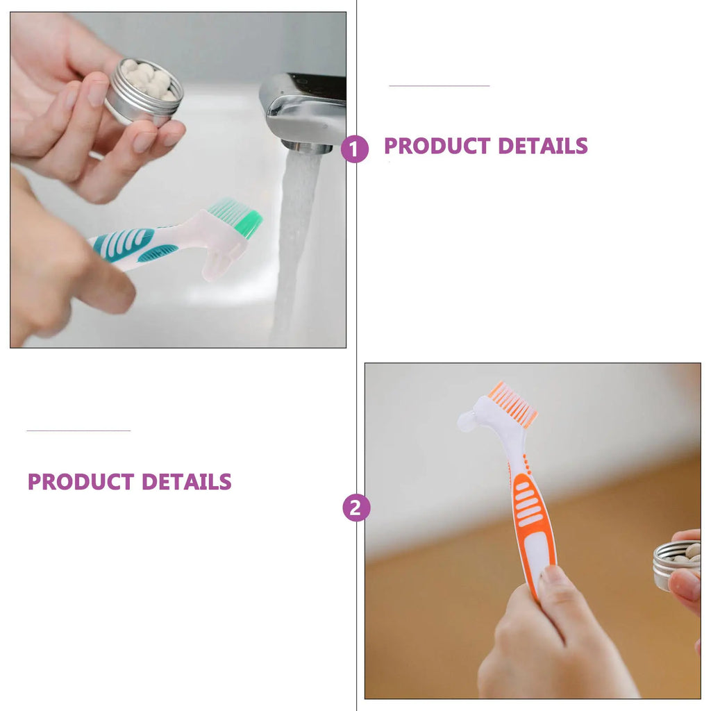 4Pcs Denture Brushes Double Head Portable Toothbrush Comfortable Ergonomic Handle Partial Semi Full Denture Cleaner