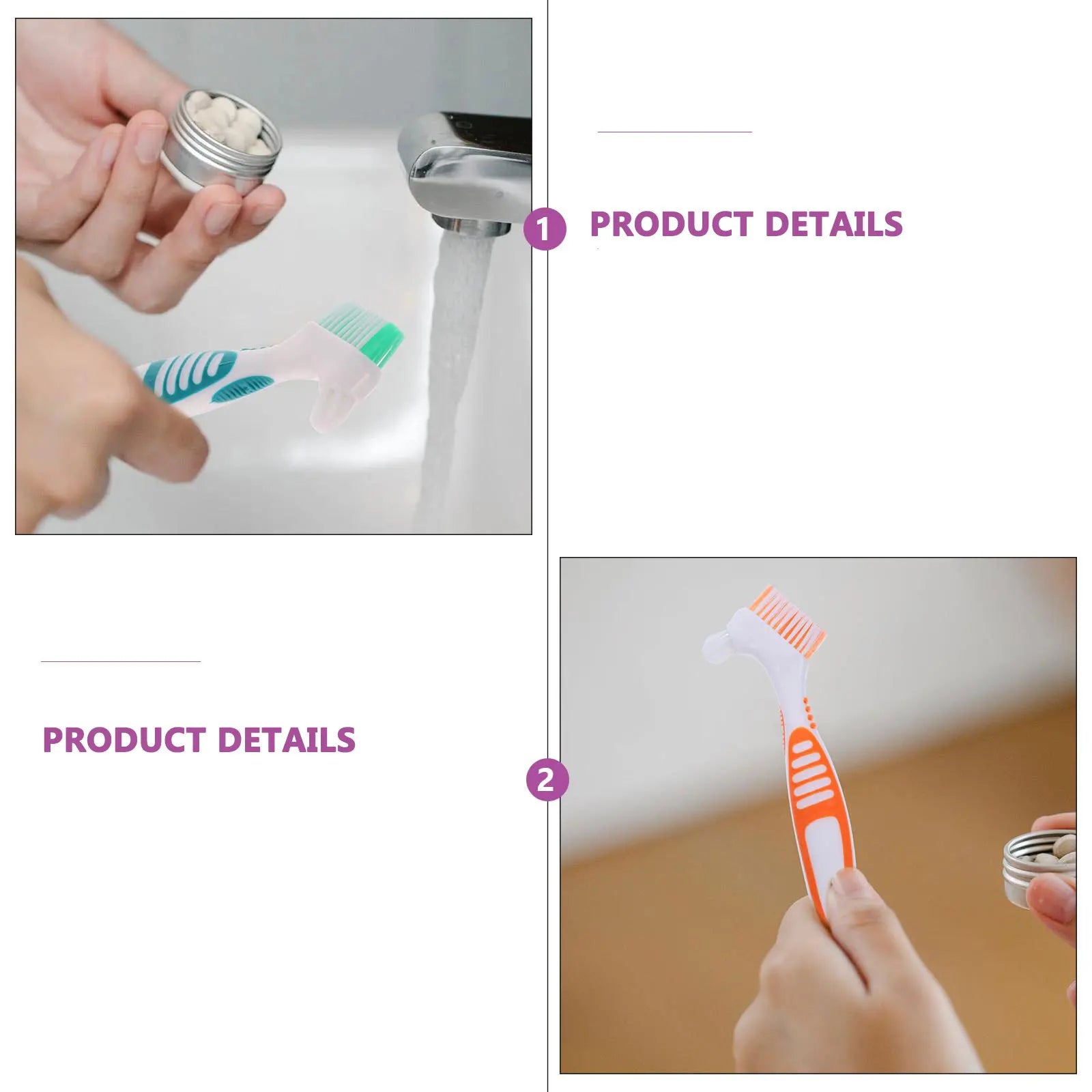 4Pcs Denture Brushes Double Head Portable Toothbrush Comfortable Ergonomic Handle Partial Semi Full Denture Cleaner
