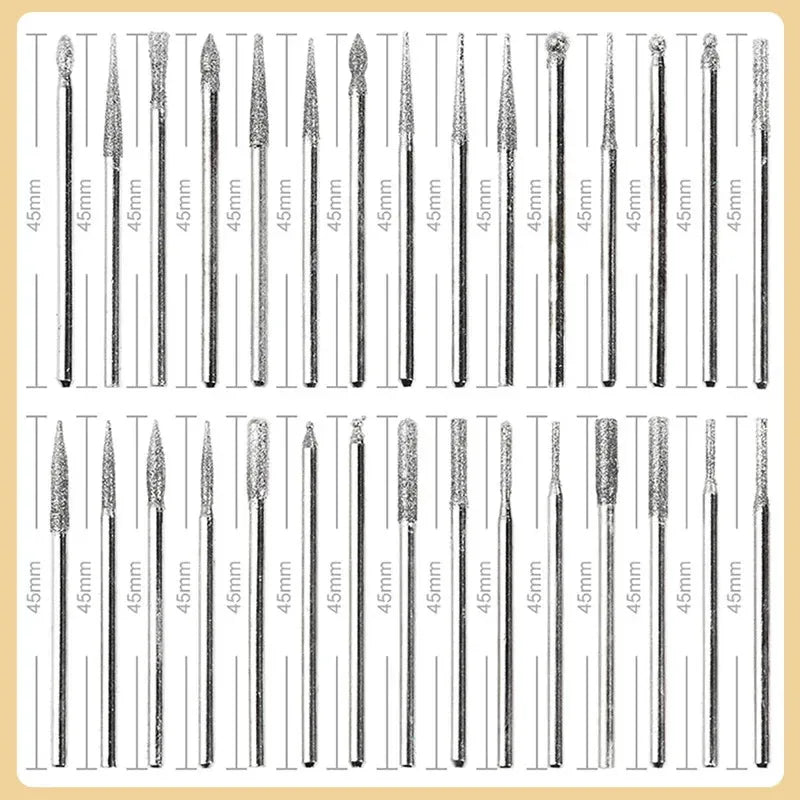 30pcs Diamond Grinding Polishing Burr Set – 2.35/3mm Shank, Fits Dremel & Rotary Tools, with Case