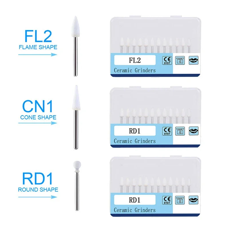 12Pcs/Box Dental White Polishing Stone High Speed Dentistry Tools Flame Cone Round Shape Handpiece Burs FG