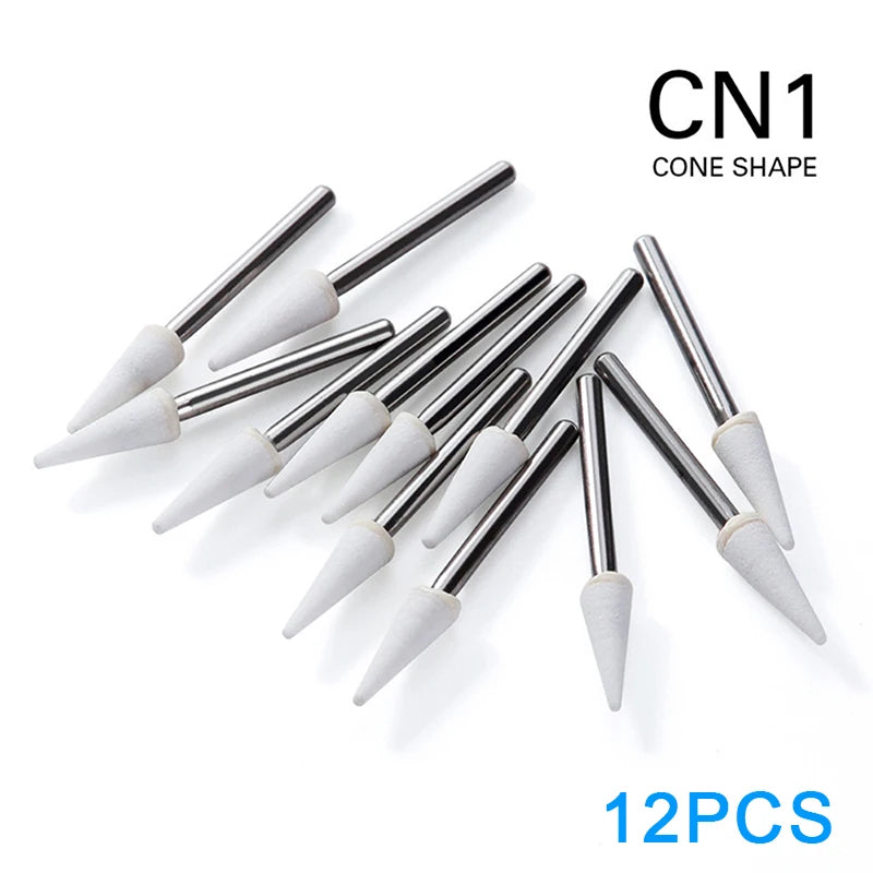 12Pcs/Box Dental White Polishing Stone High Speed Dentistry Tools Flame Cone Round Shape Handpiece Burs FG