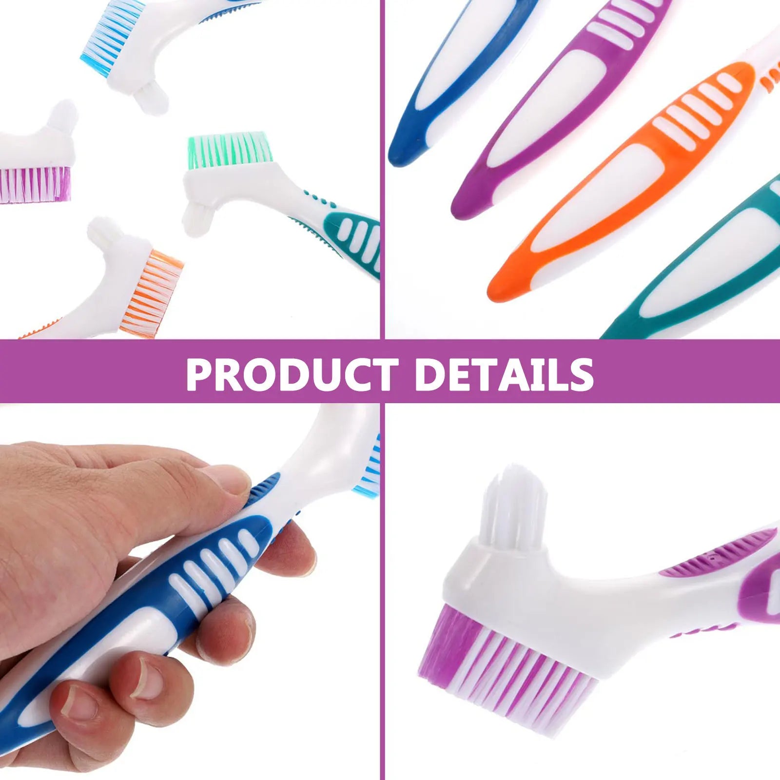 4Pcs Denture Brushes Double Head Portable Toothbrush Comfortable Ergonomic Handle Partial Semi Full Denture Cleaner