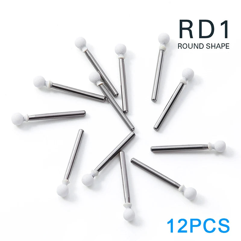 12Pcs/Box Dental White Polishing Stone High Speed Dentistry Tools Flame Cone Round Shape Handpiece Burs FG