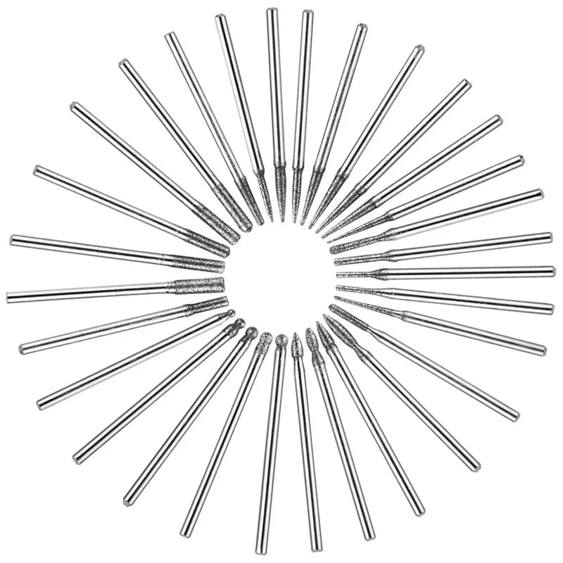 30Pcs Diamond Grinding Burr Needle Point Engraving Carving Polishing For Glass Jade Stone 2.35/3mm Drill Bit Rotary Tool Set