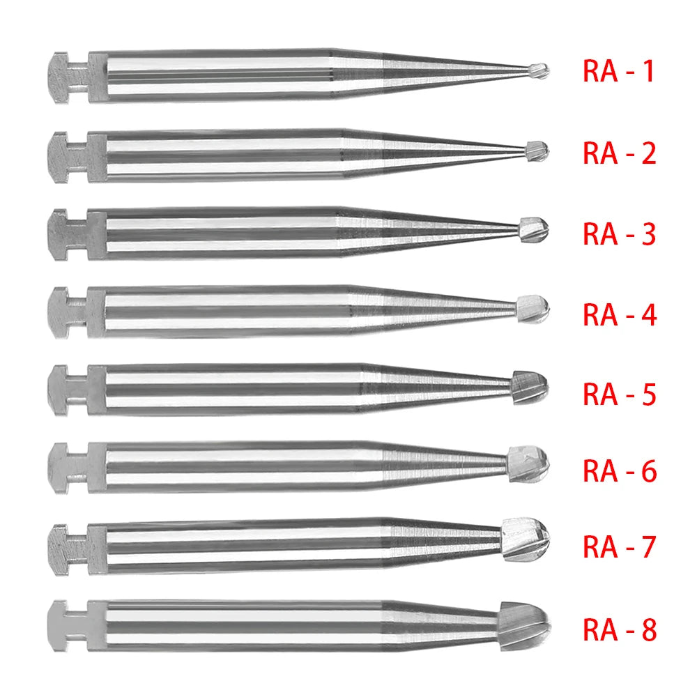 5pcs/box Dental Tungsten Carbide Burs Low Speed Round RA Drill Tungsten Steel Latch Type Shank Contra-Angle for Dental Turbine