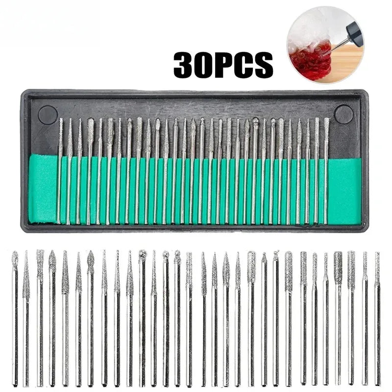 30pcs Diamond Grinding Polishing Burr Set – 2.35/3mm Shank, Fits Dremel & Rotary Tools, with Case