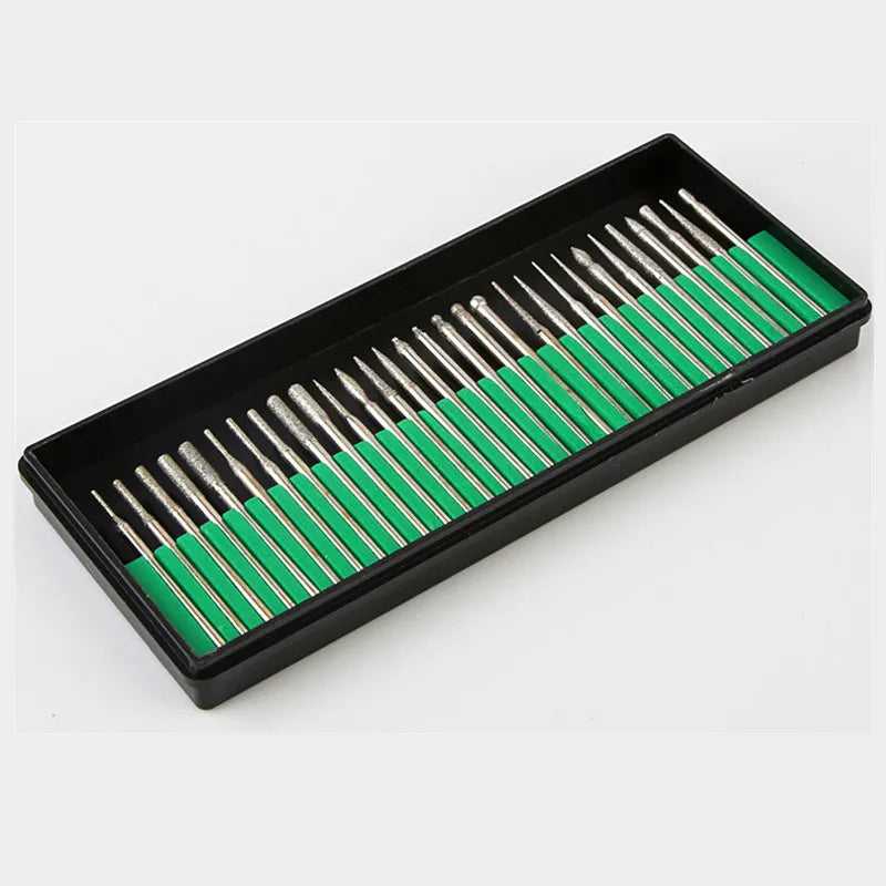30Pcs Diamond Grinding Burr Needle Point Engraving Carving Polishing For Glass Jade Stone 2.35/3mm Drill Bit Rotary Tool Set