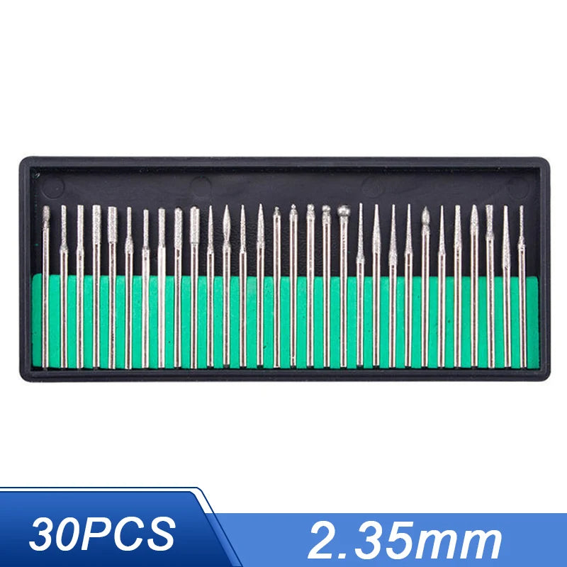 30Pcs Diamond Grinding Burr Needle Point Engraving Carving Polishing For Glass Jade Stone 2.35/3mm Drill Bit Rotary Tool Set
