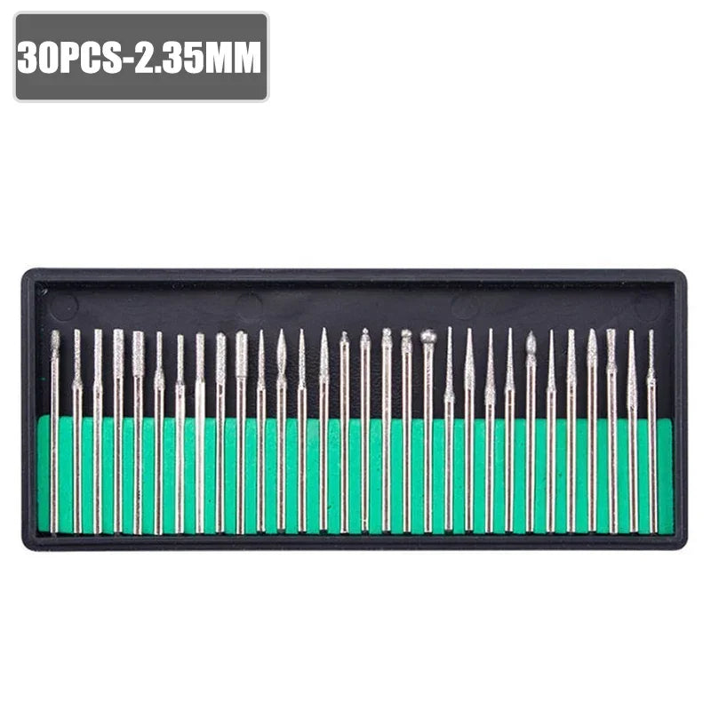 30pcs Diamond Grinding Polishing Burr Set – 2.35/3mm Shank, Fits Dremel & Rotary Tools, with Case