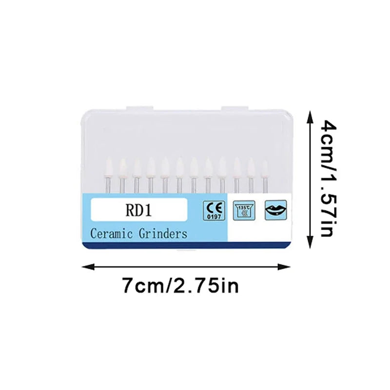 12Pcs/Box Dental White Polishing Stone High Speed Dentistry Tools Flame Cone Round Shape Handpiece Burs FG