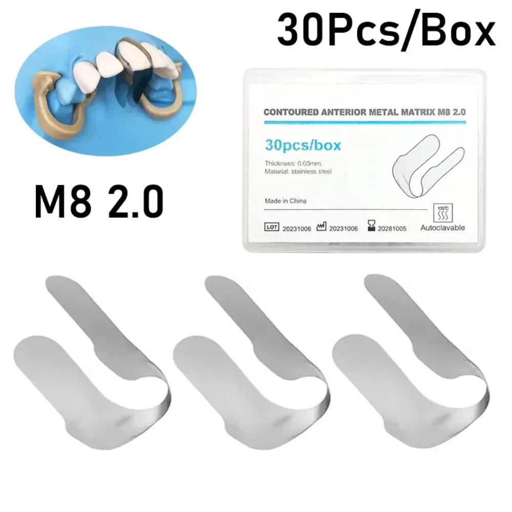 30Pcs/Box Dental Contoured Matrix Bands Kit Stainless Steel Sectional Matrices for Anterior Teeth 0.03mm Dentistry Material