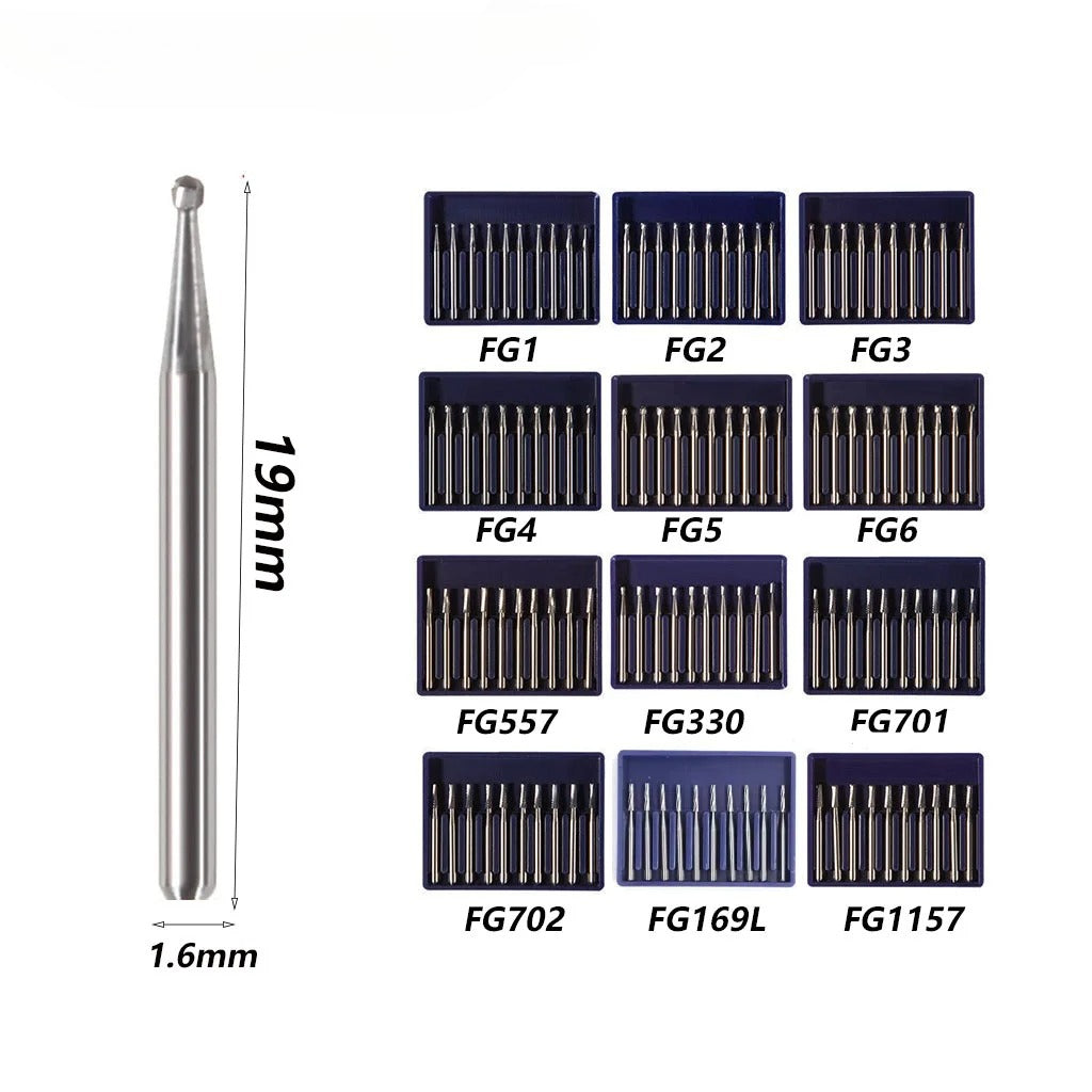 10Pcs/Box Dental Tungsten Carbide Burs Ball Round Head FG Series for High Speed Handpiece Dia.1.6mm Length 19mm FG330 FG169L FG1