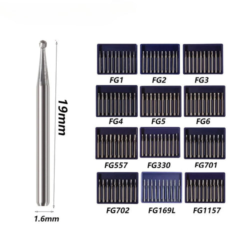 10Pcs/Box Dental Tungsten Carbide Burs Ball Round Head FG Series for High Speed Handpiece Dia.1.6mm Length 19mm FG330 FG169L FG1